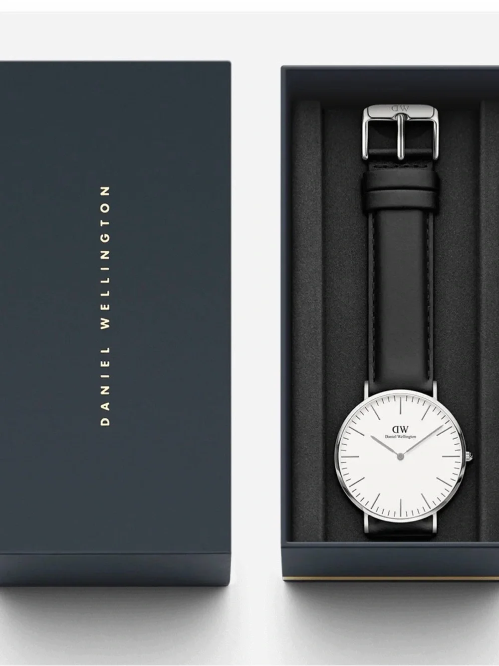 Daniel Wellington Black Leather Strap Watch with Silver Case